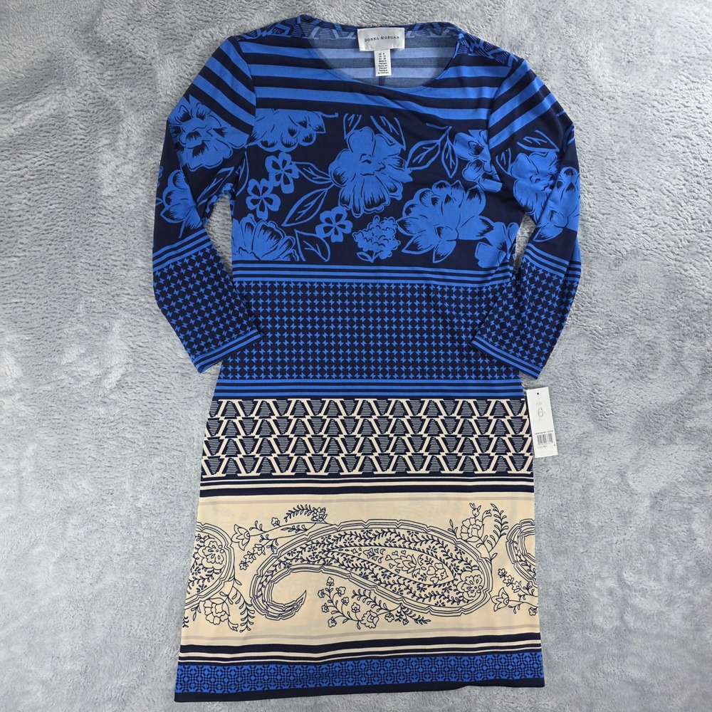 Donna Morgan Women 6 Blue Mixed Print Sheath Dress Floral Paisley 3/4 Sleeves